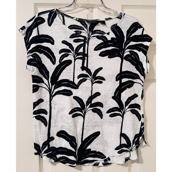 Tahari Womens L 100% Linen Tropical Top Black White Leaf Print Shirt - Picture 1 of 5